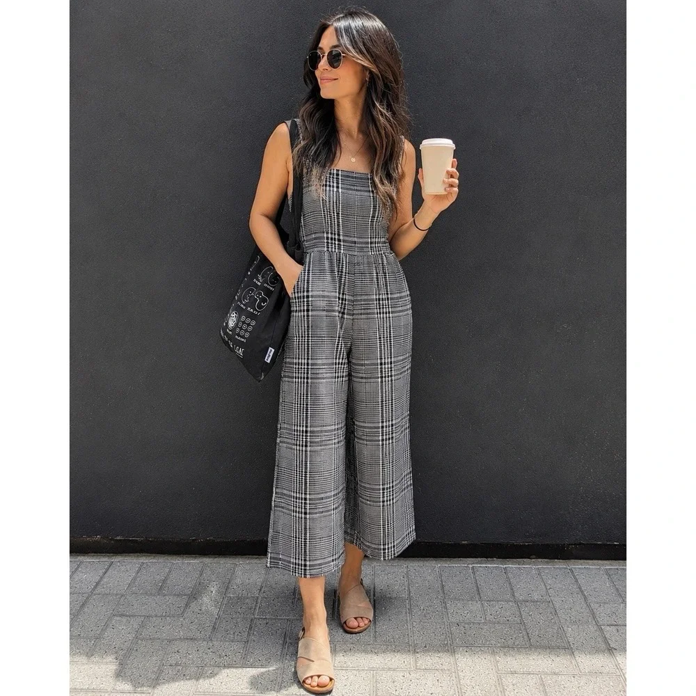 Oak + Fort Glen Plaid Wide Leg Cropped Jumpsuit XS Square Neck Minimalist